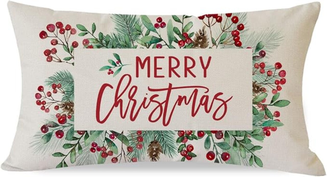 Merry Christmas Throw Pillow Cover 12x20 Inch Red Berry Mistletoe Pine Leaves Christmas Decor Xmas Decorations Outdoor Winter Holiday Lumbar Decorative Pillow Case for Home Bedroom Couch